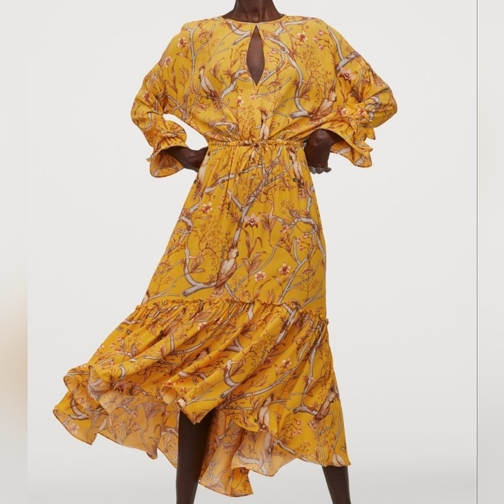 H&M Johanna Ortiz Women's Yellow Floral Boho Frill Summer Midi Crepe Dress Sz XS - Picture 5 of 16